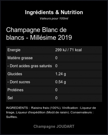 Blanc de Blanc millsime 2019 - Ingrdients et Nutrition 