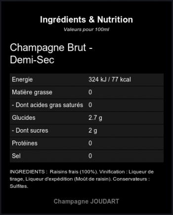 Brut Demi-sec - Ingrdients et Nutrition 