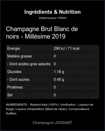 Blanc de noirs - Mill�sime 2019 - Ingr�dients et Nutrition 